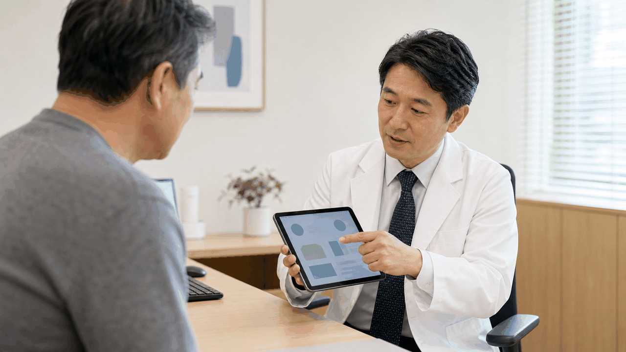 医師から前立腺がんの病期とリスクについて説明を受ける男性