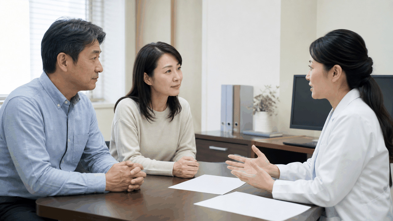 前立腺がんの治療選択について医師から説明を受ける夫婦