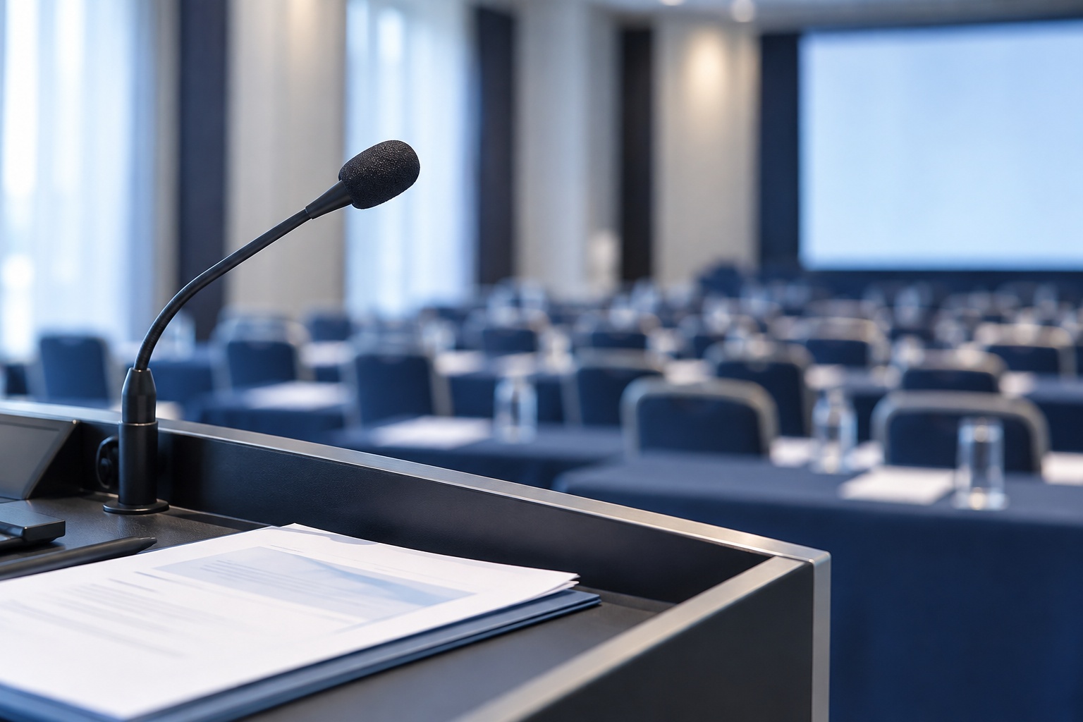 演台とマイクを配した学会発表のイメージ