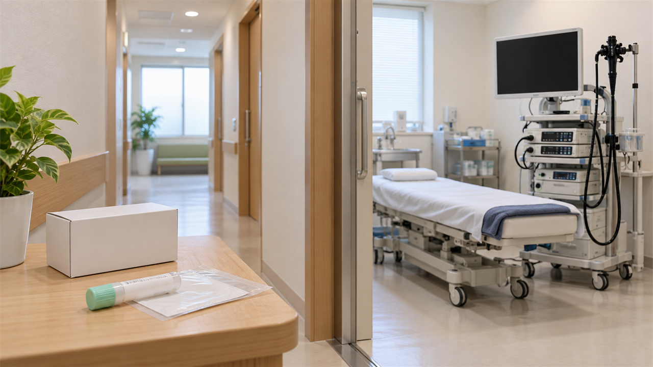 便潜血検査の採便容器と大腸内視鏡による精密検査を別の場面として示す写真